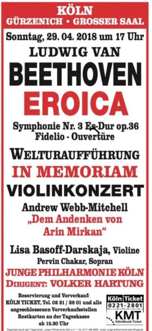 Welturaufführung in Memoriam Violinkonzert: “Dem Andenken von Arin Mirkan“